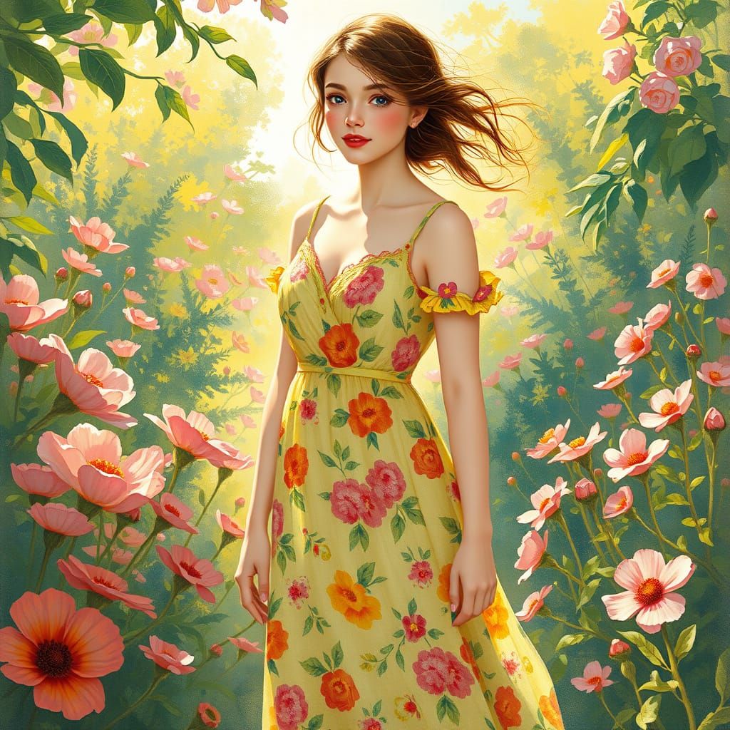Impressionist Woman in a Vibrant Spring Garden