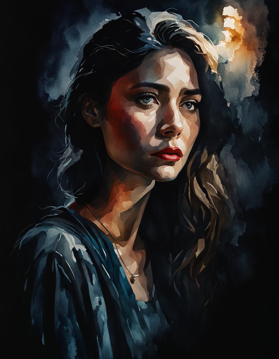 Sad Woman Portrait in Expressive Watercolor