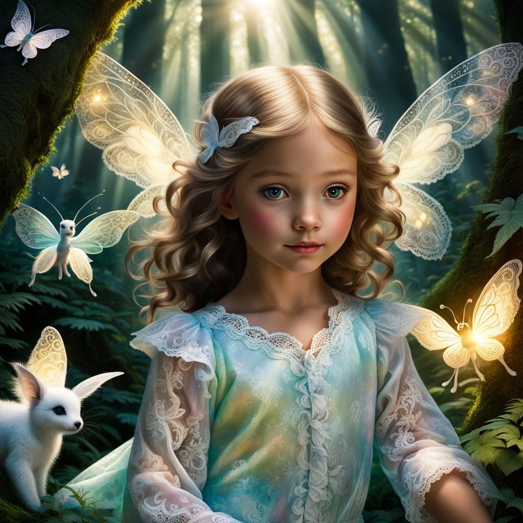 a 5 year old beautiful girl in pajamas in a magical forest