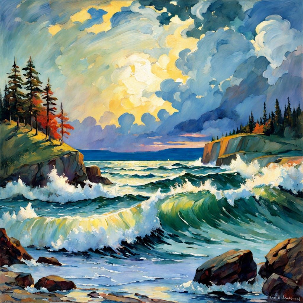 Dreamlike Seascape with Swirling Clouds