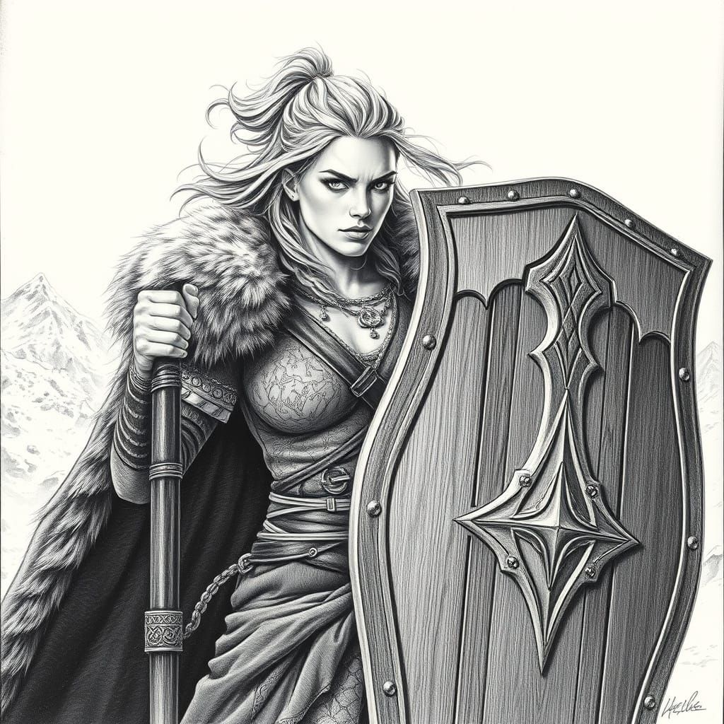 Viking Shieldmaiden in Furs, Holding Battle Axe