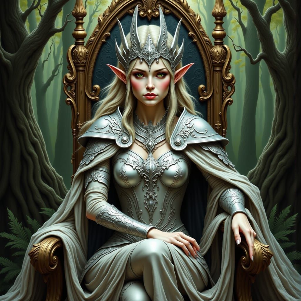 Elven Queen in Forest Throne, Alan Lee Style