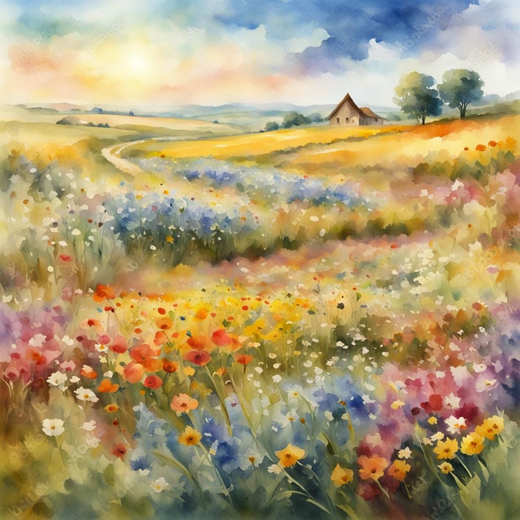 Watercolor Flower Field, Museum Masterpiece