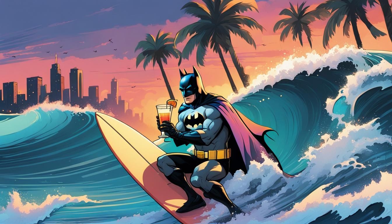 Batman on a surfboard holding a tropical drink in the ocean ...