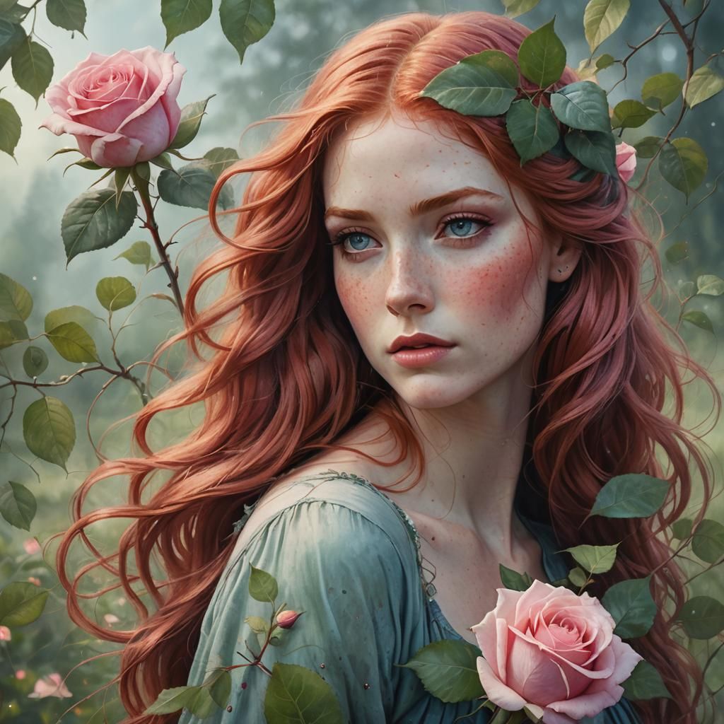 Fantasy Woman with Rose: Watercolor Digital Painting