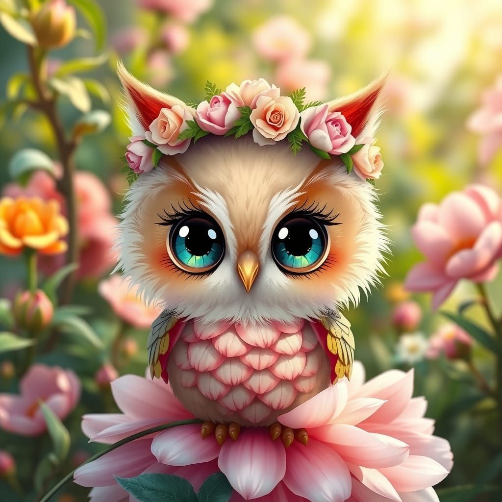 Kawaii Owl-Kitty Peony in Chibi Style