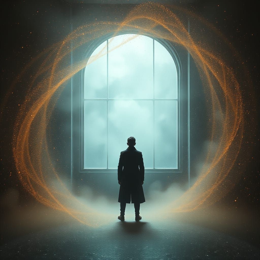 Ethereal Figure Gazing at Cosmic Dust Vortex