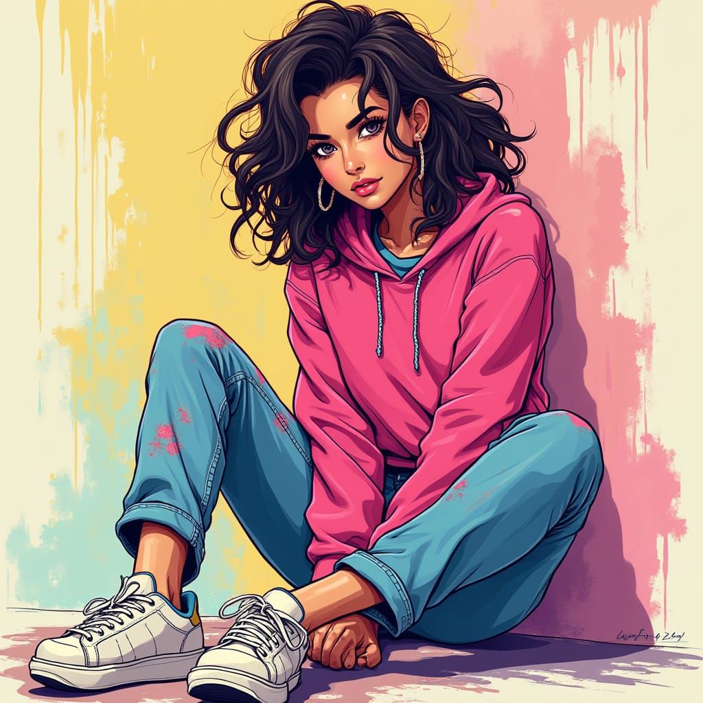 Vibrant 80s Woman in Expressive Acrylic Style