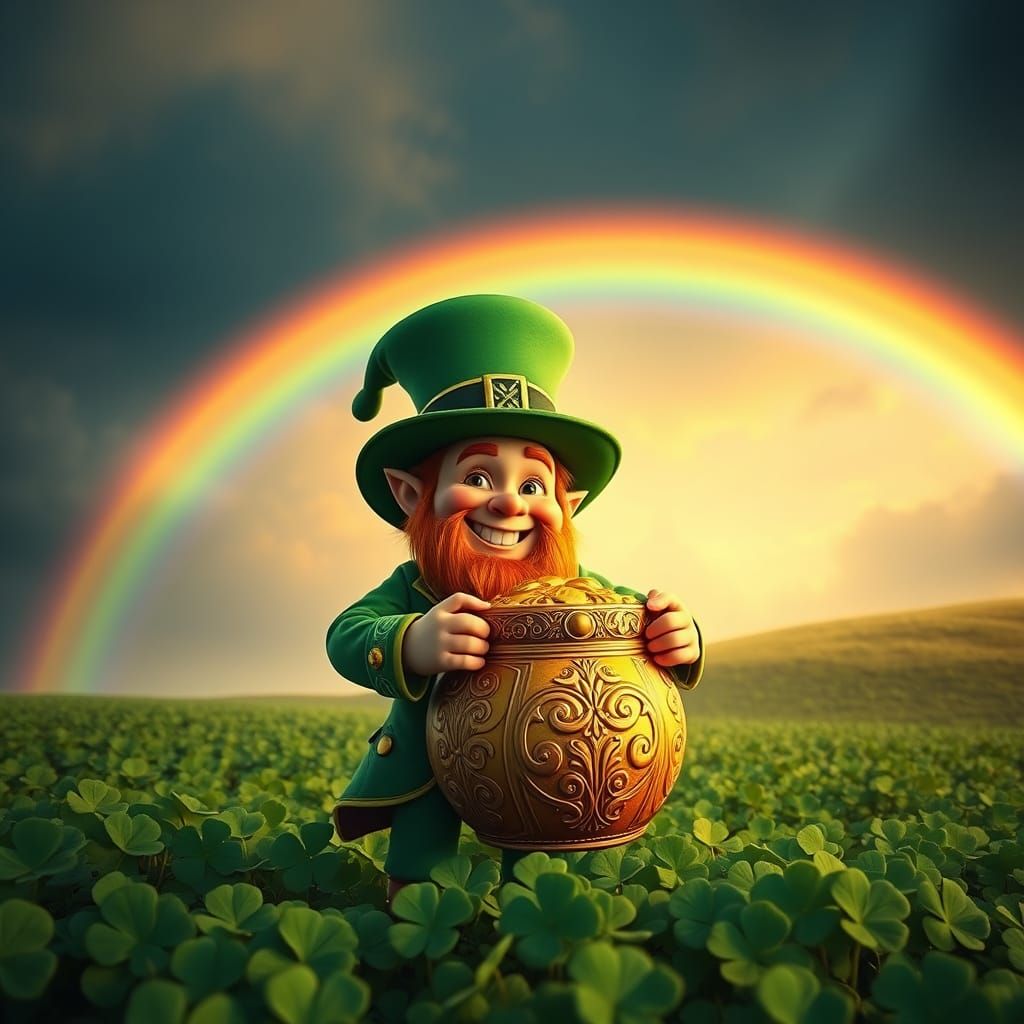 Leprechaun's Golden Treasure in a Vibrant Rainbow Landscape