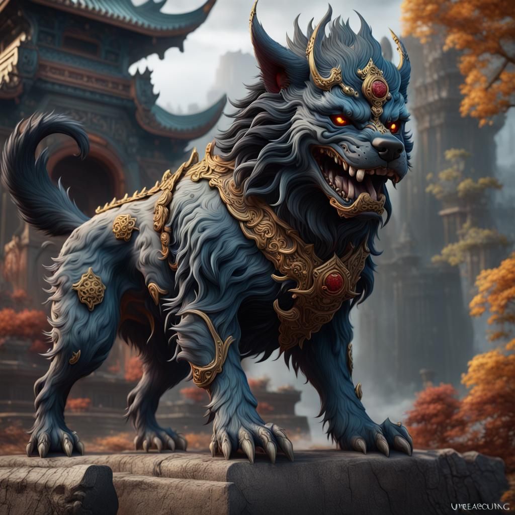 Detailed Foo Dog Hellhound in Matte Painting Style