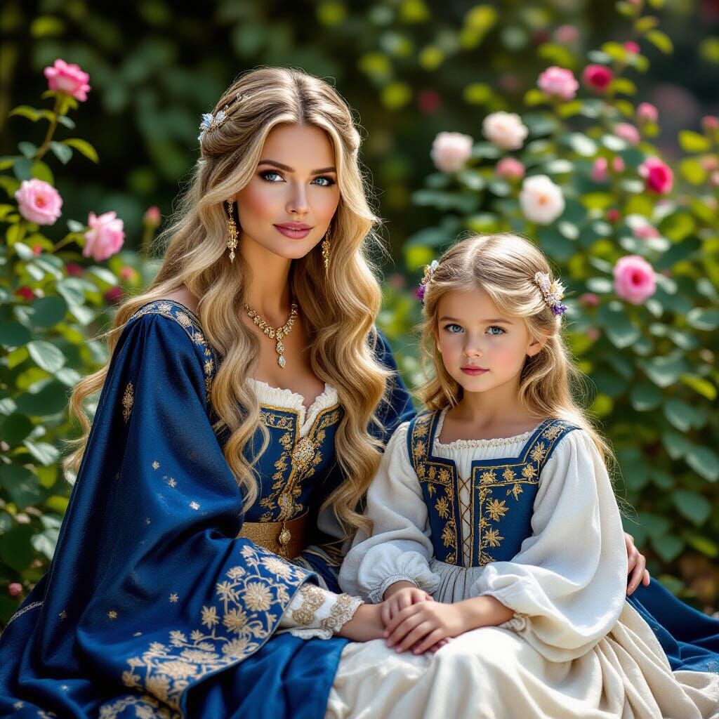 Medieval Noblewomen in Rose Garden, Hudson River Style