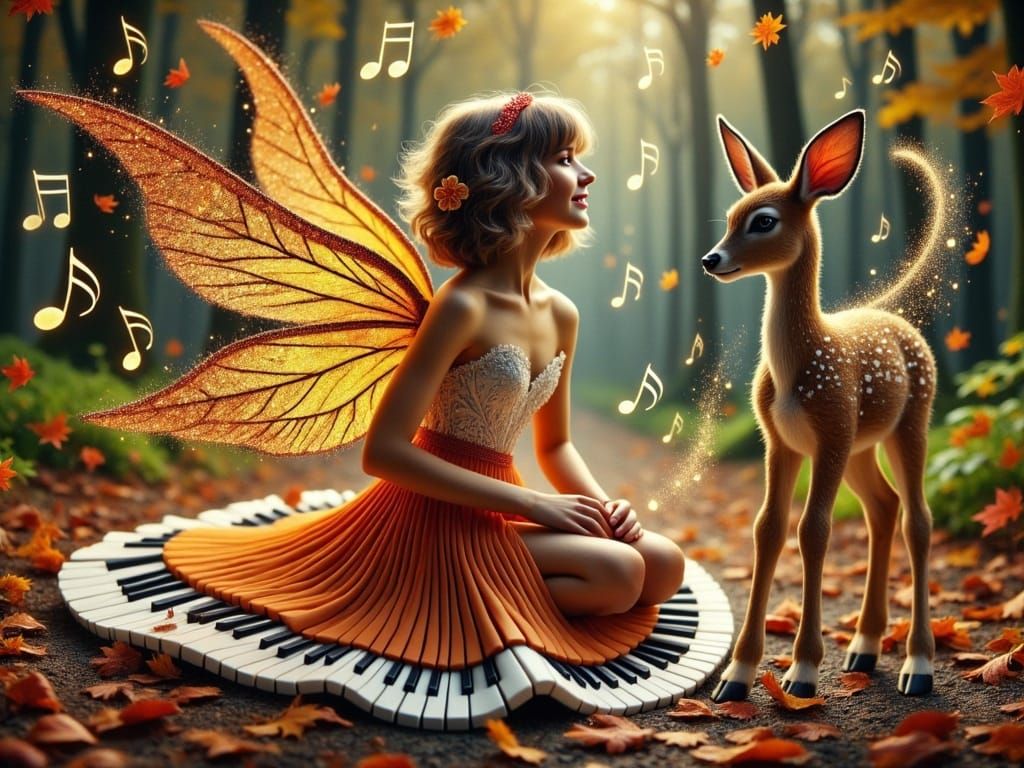 The Enchanted Autumn Woodland: A Young Fairy and Fawn