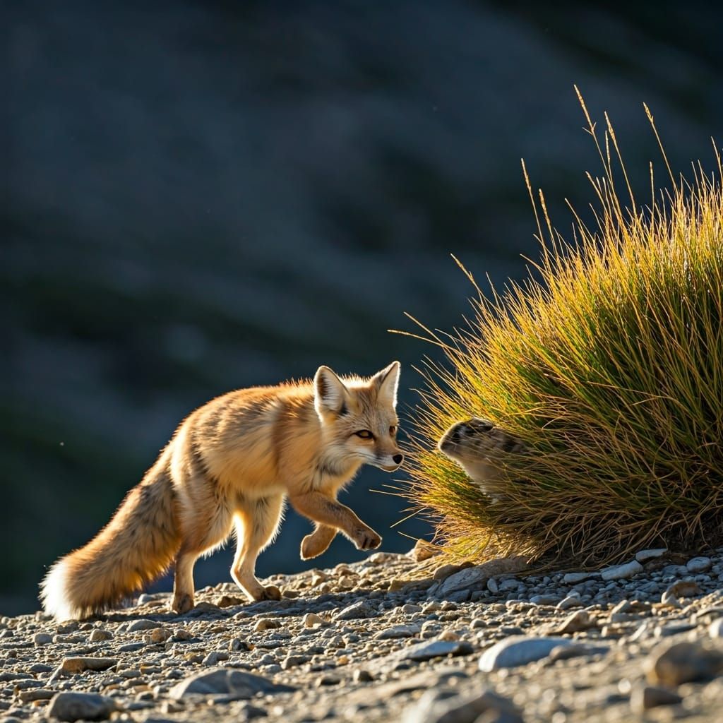 Tibetan Fox Hunting Pika in Rocky Mountains