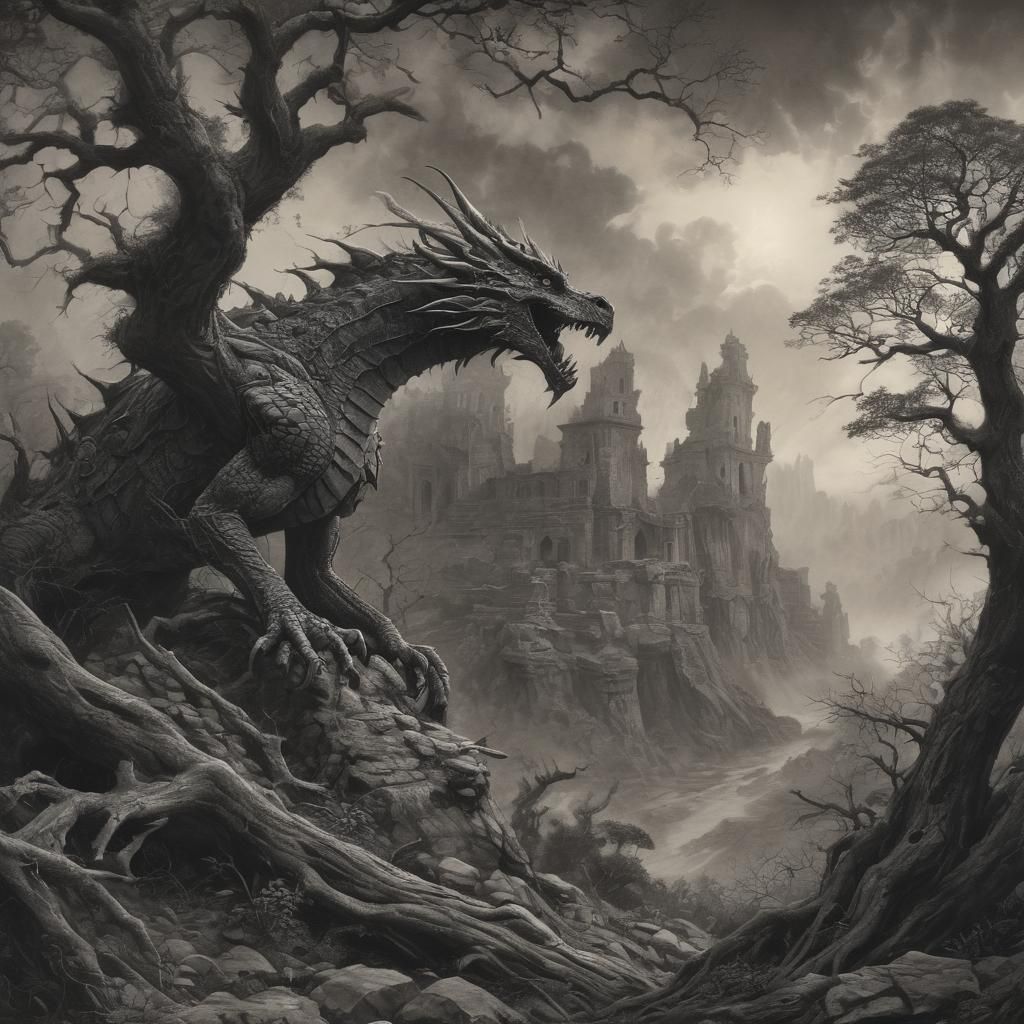 Mystical Dragon Soaring Over Ancient Forest: Charcoal Drawin...