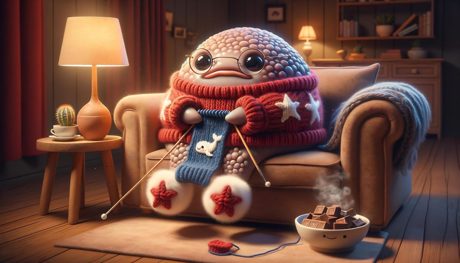 Cozy Blobfish Knits a Scarf in a Warm Room