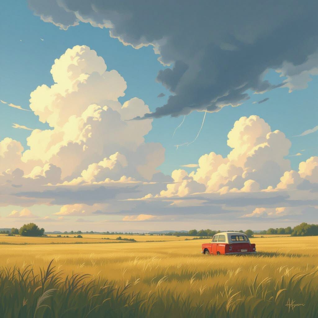Heavenly Fields Under Stormy Skies in Golden Light