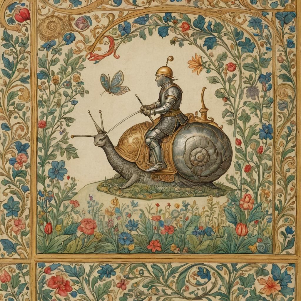 Knight Rides Snail in Medieval Illumination Style