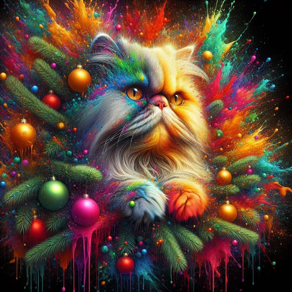 Persian Cat Under Christmas Tree: Hyperrealistic Concept Art