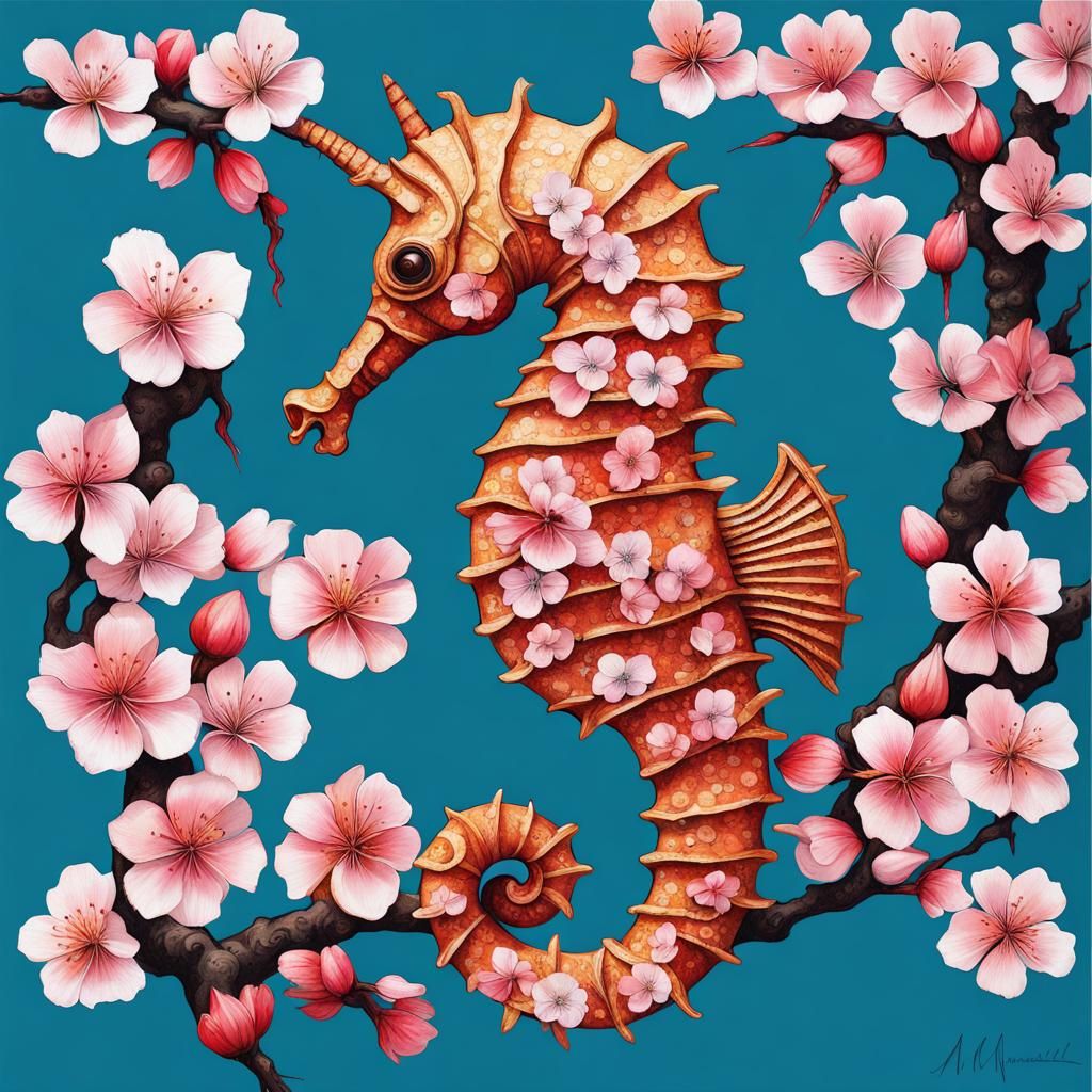 Maximalist Japanese Cherry Blossom Seahorse, made of blossoms,  Canvas Wall Art Painting, framed