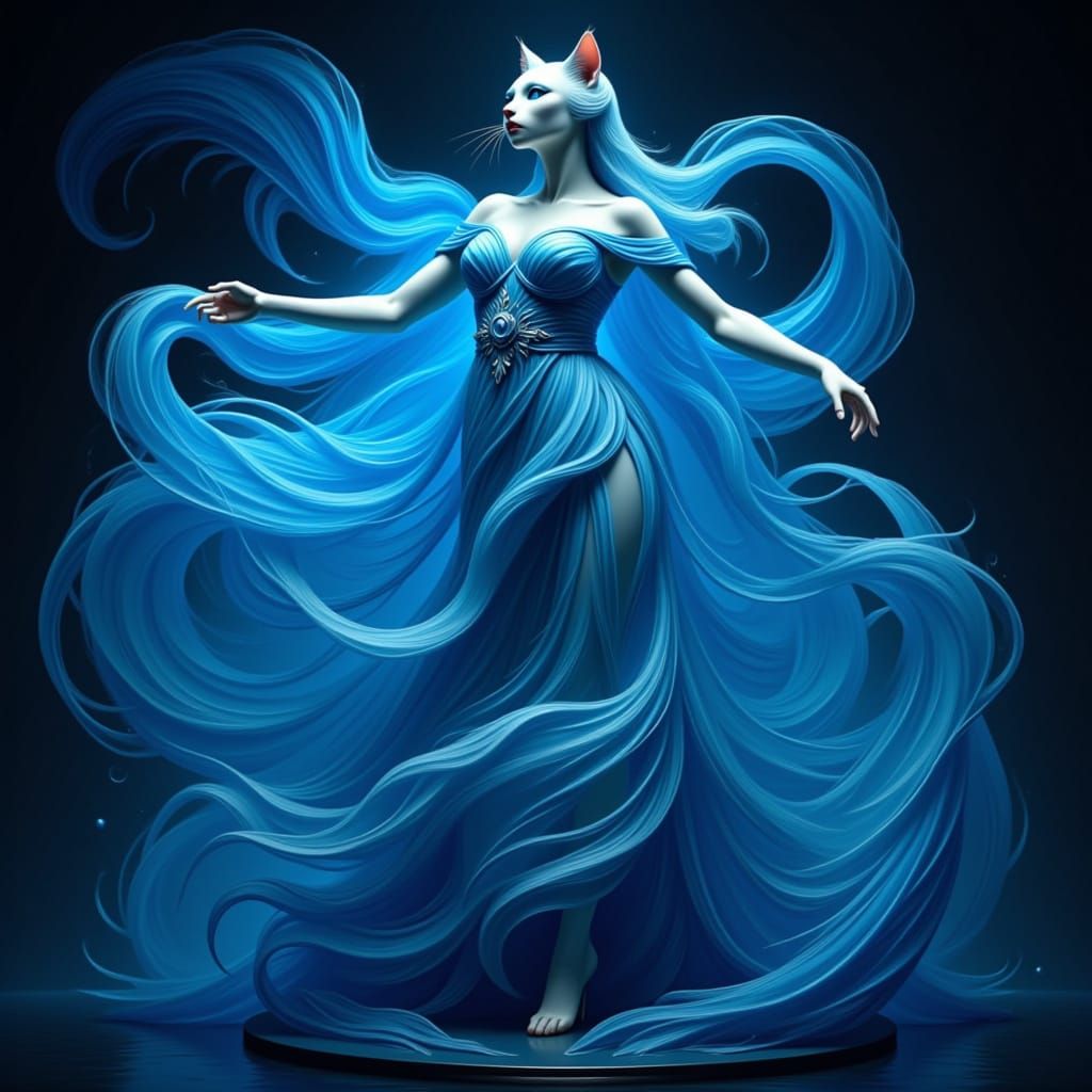 Female Cat Sculpture in Flowing Chiffon Dress