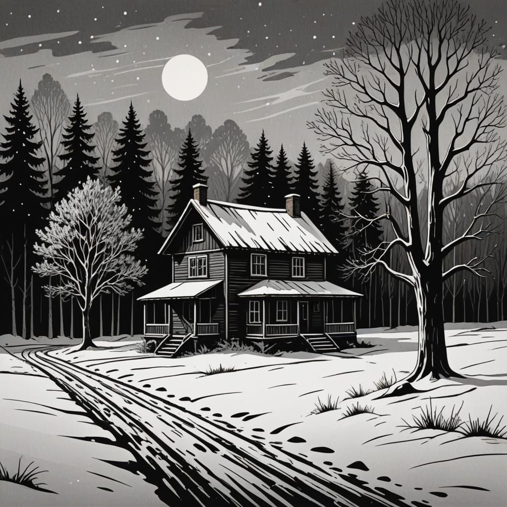 Moody Black and White Woodcut of a Snowy Little House