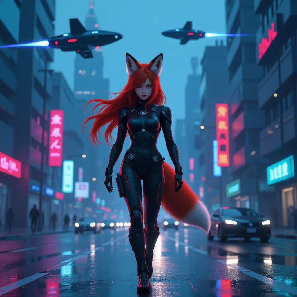Cyberpunk Fox Girl in Neon Cityscape