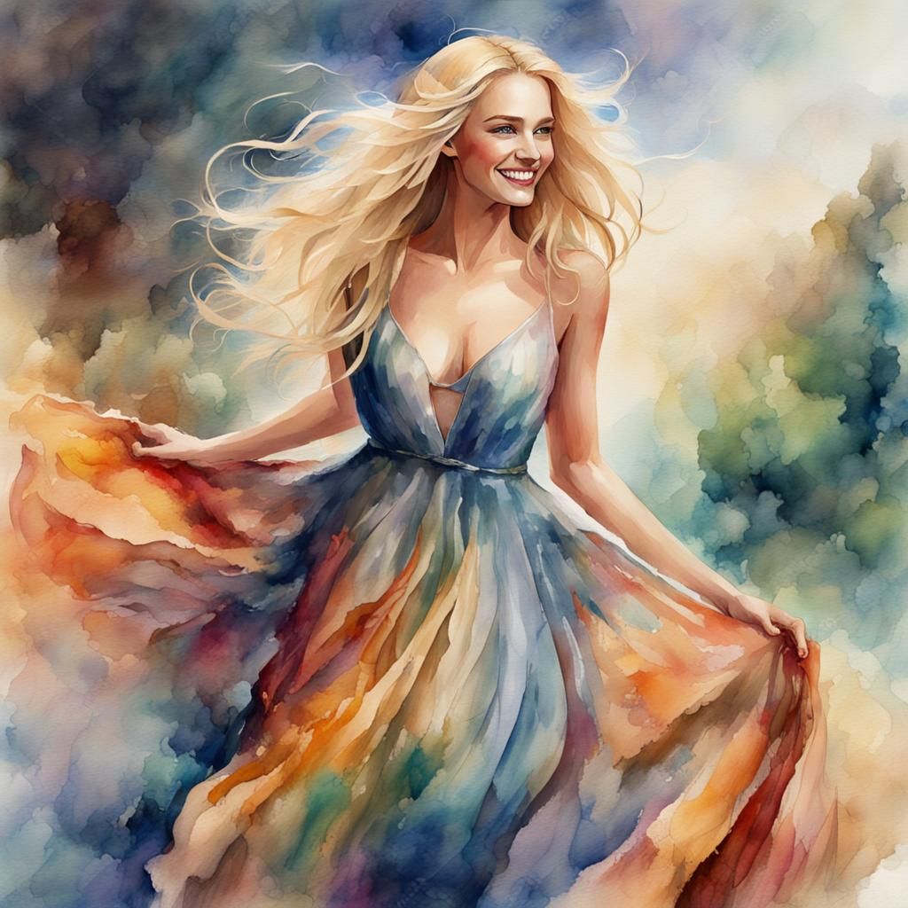 CREATE A BEAUTIFUL  watercolor style. Smiling, WOMAN,WITH FL...