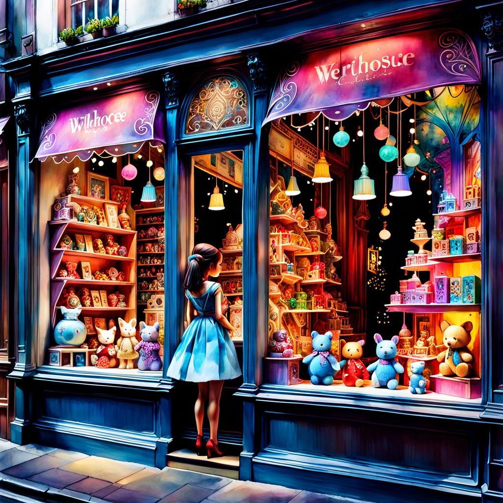 Enchanting Toy Shop Window in Watercolor Style
