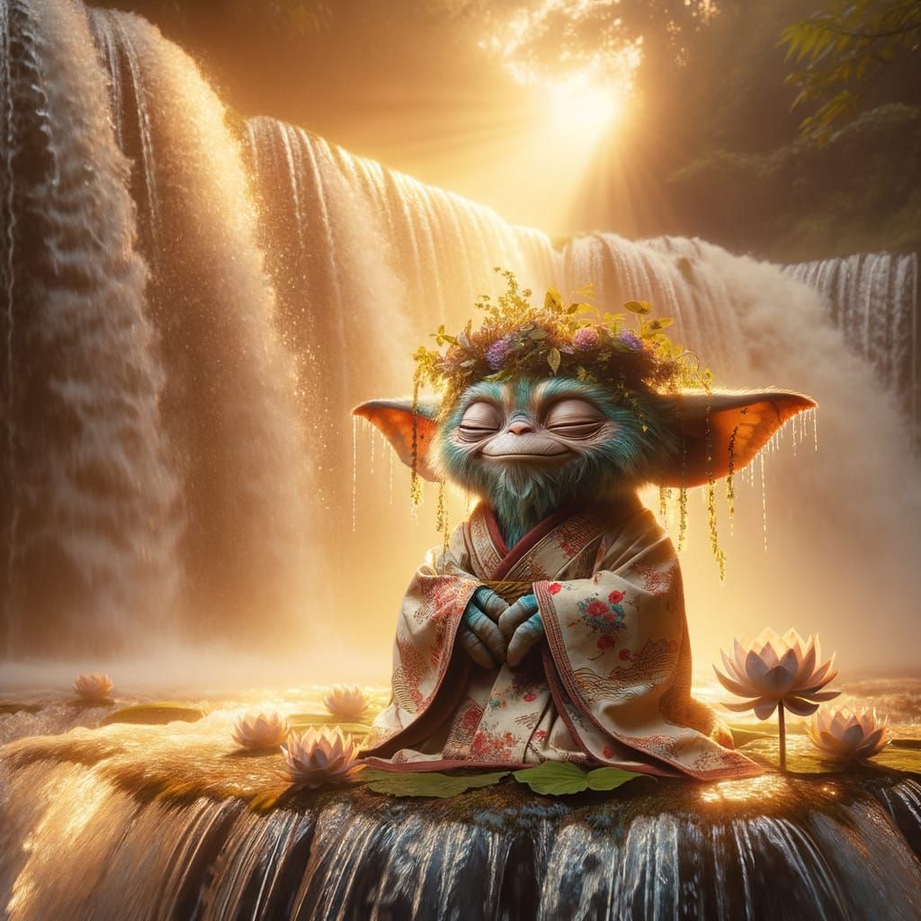 Golden Hour Waterfall Scene with Serene Gremlin