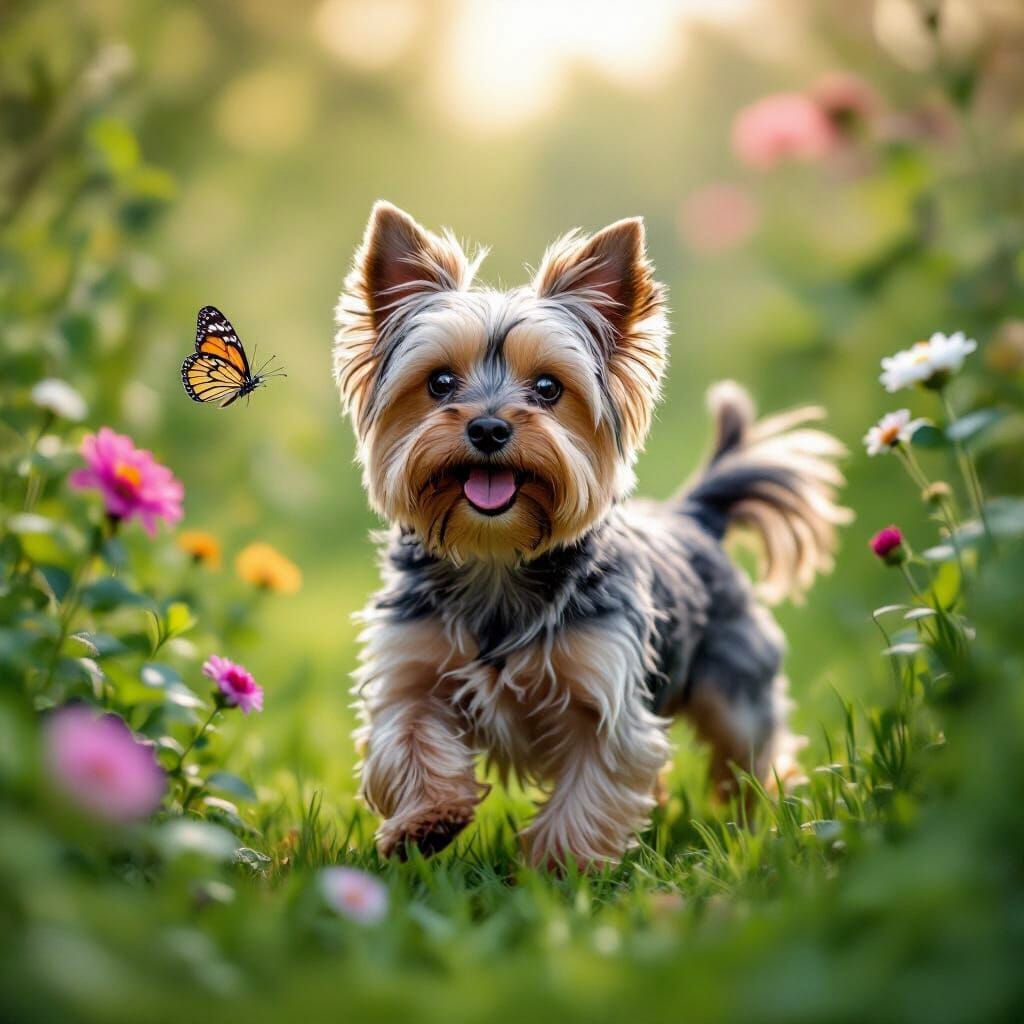Yorkshire Terrier in Garden, Stylized Charcoal Sketch