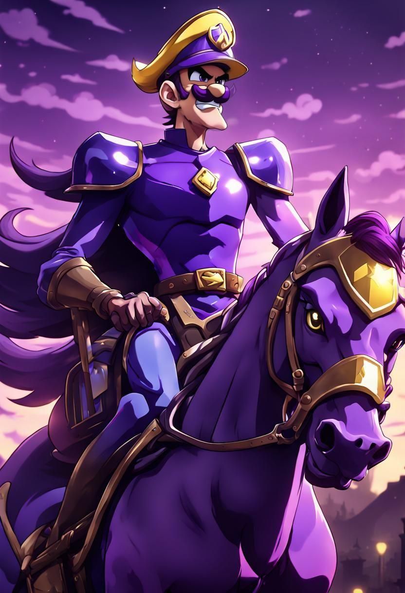 Waluigi riding a horse