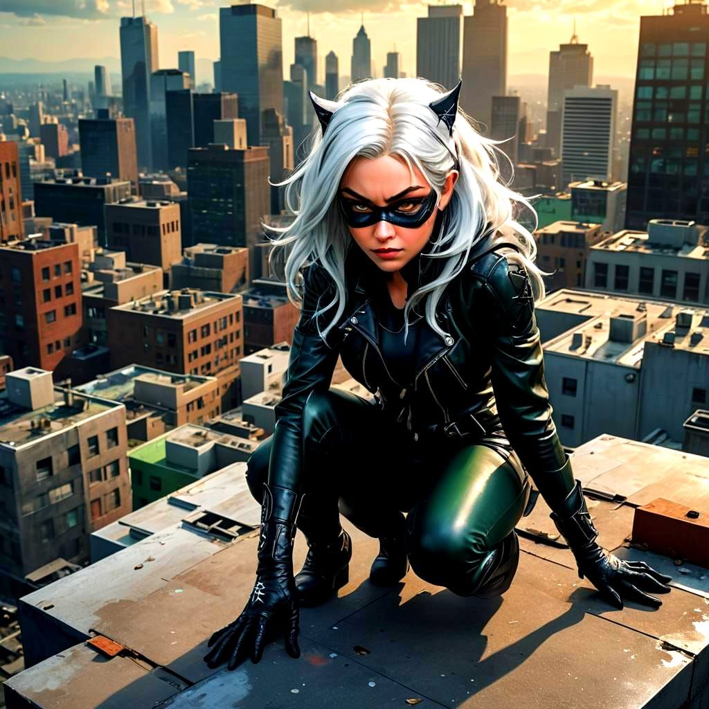 Rooftop Heroine with Spider Emblem in Fantasy Art