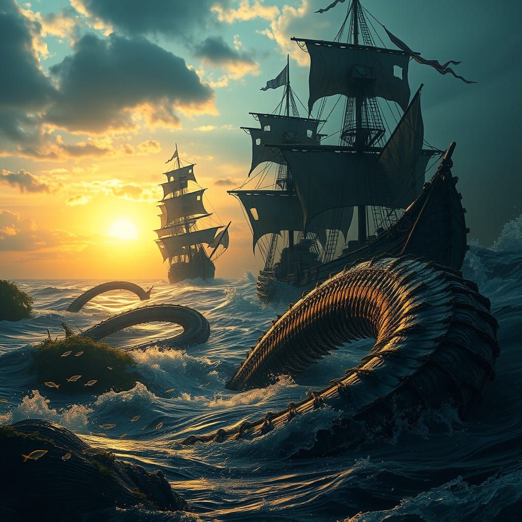 Sinking Pirate Ship in Golden Sunset, Observed by Serpentine...