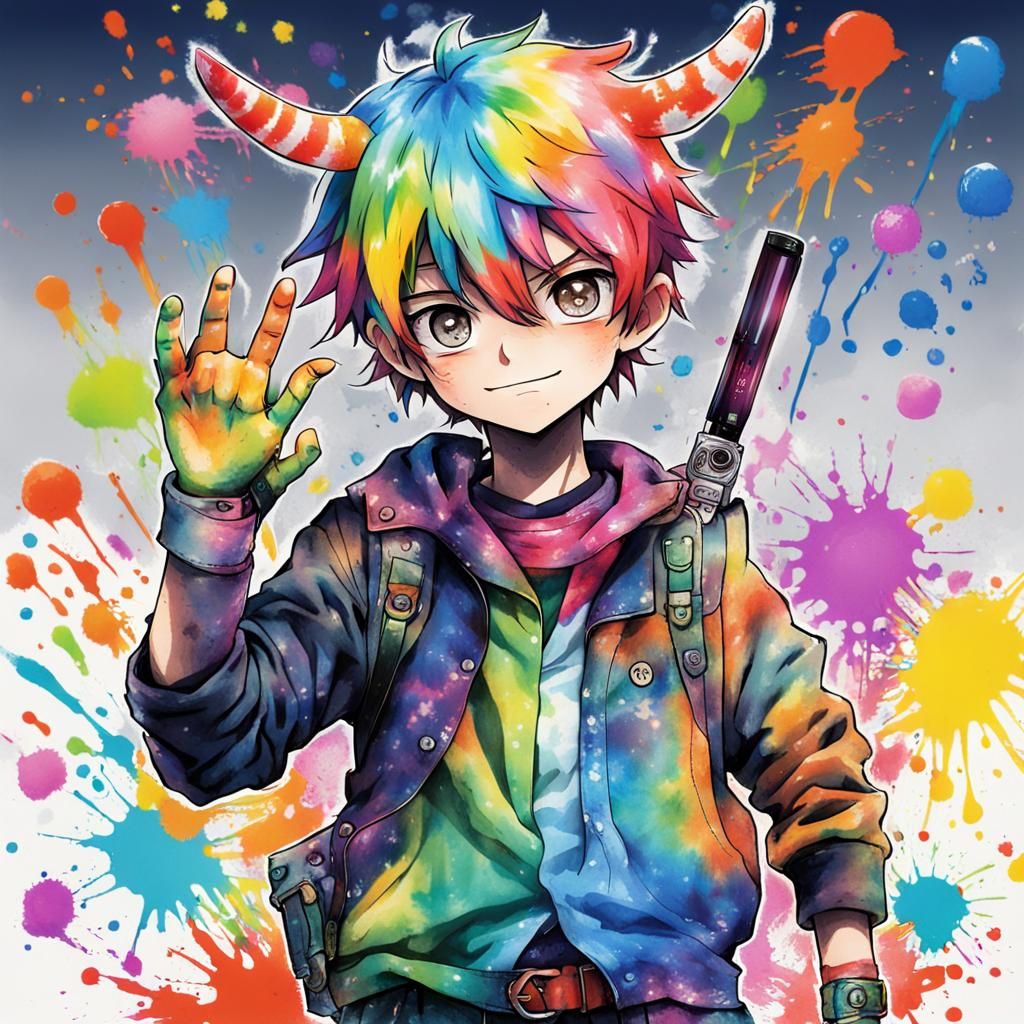 Anime Boy with Rainbow Hair and Tie-Dye Outfit