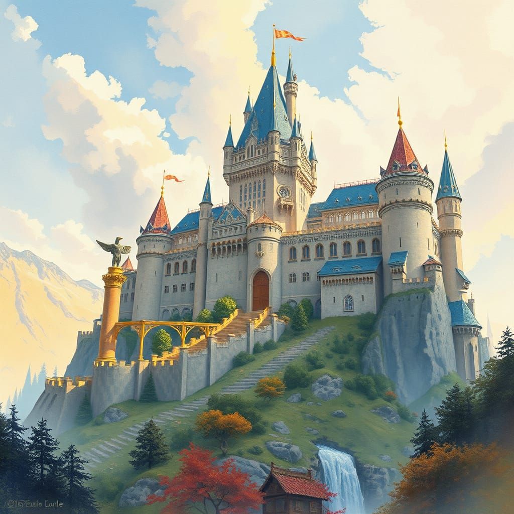 Electric Panorama of a Detailed Castle, Watercolor Style