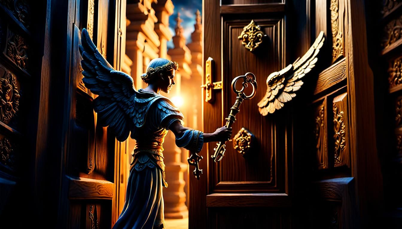 Angel Unlocks Heaven's Gate with Golden Key