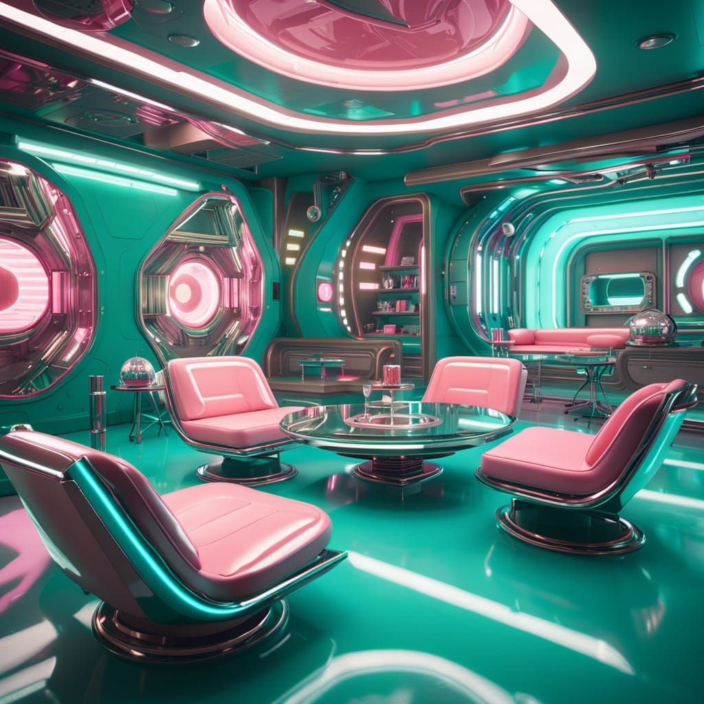 Retro Sci-Fi Spacecraft Lounge in Teal and Pink