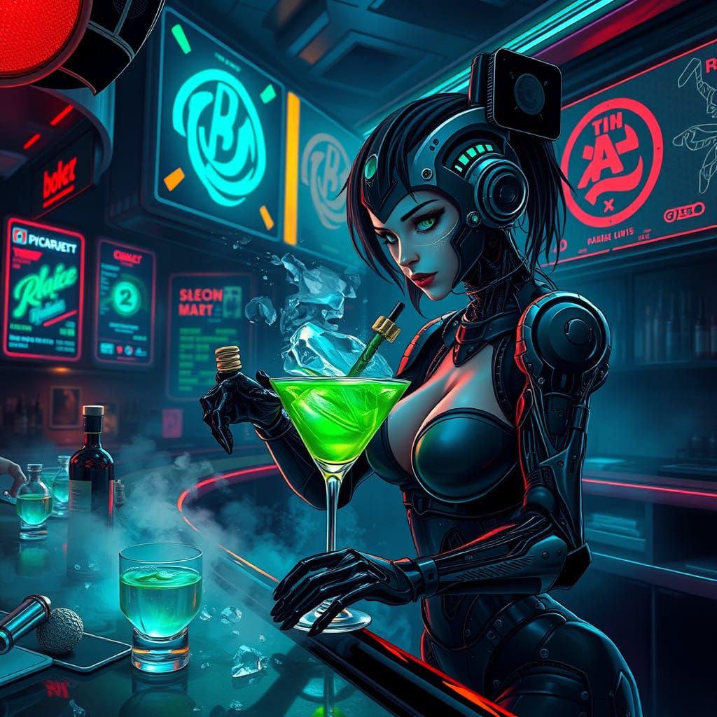 Cyborg Woman Bartender in Futuristic Neon Ambiance