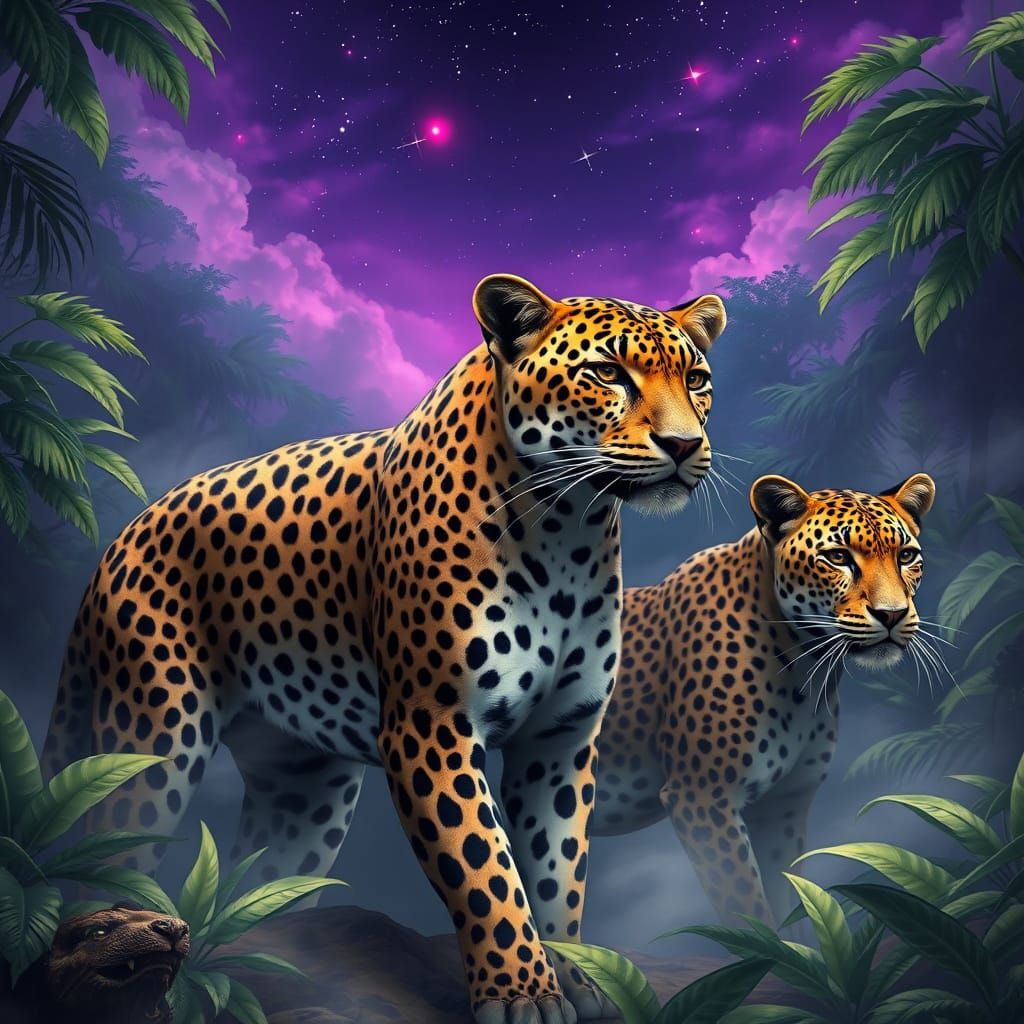 Hyperrealistic Leopards in Enchanted Rainforest Night