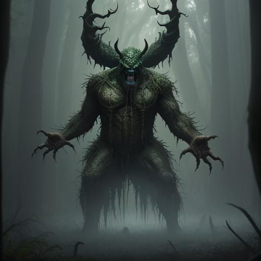 Menacing Giant in Ethereal Swamp Landscape