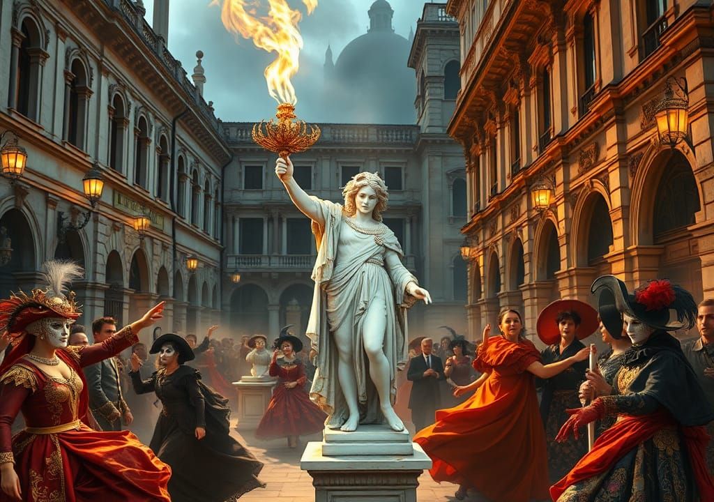 Baroque Venice Carnival With Ornate Flame Torch
