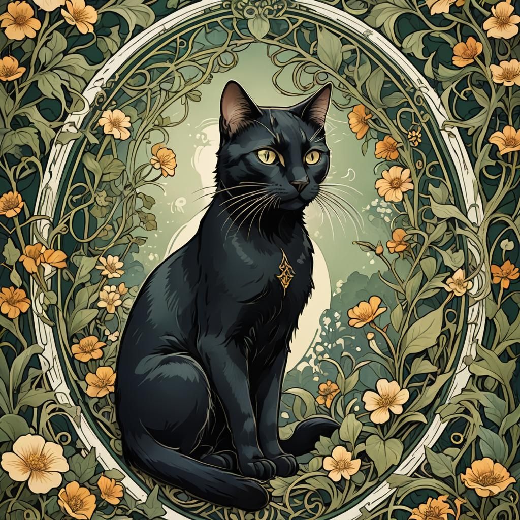 Art Nouveau Black Cat Sticker in Mucha Style