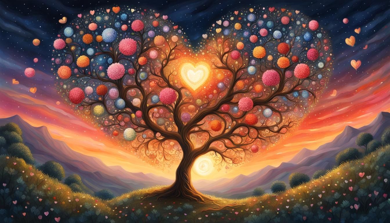 Heart-Shaped Tree Under Starry Sunset Sky