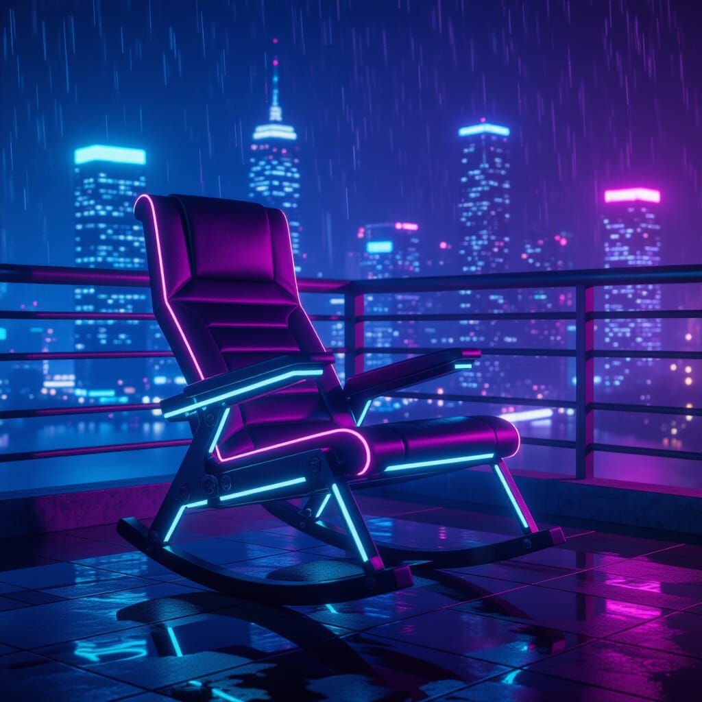 Cyberpunk Rocking Chair with Neon Lights and Vaporwave Balco...