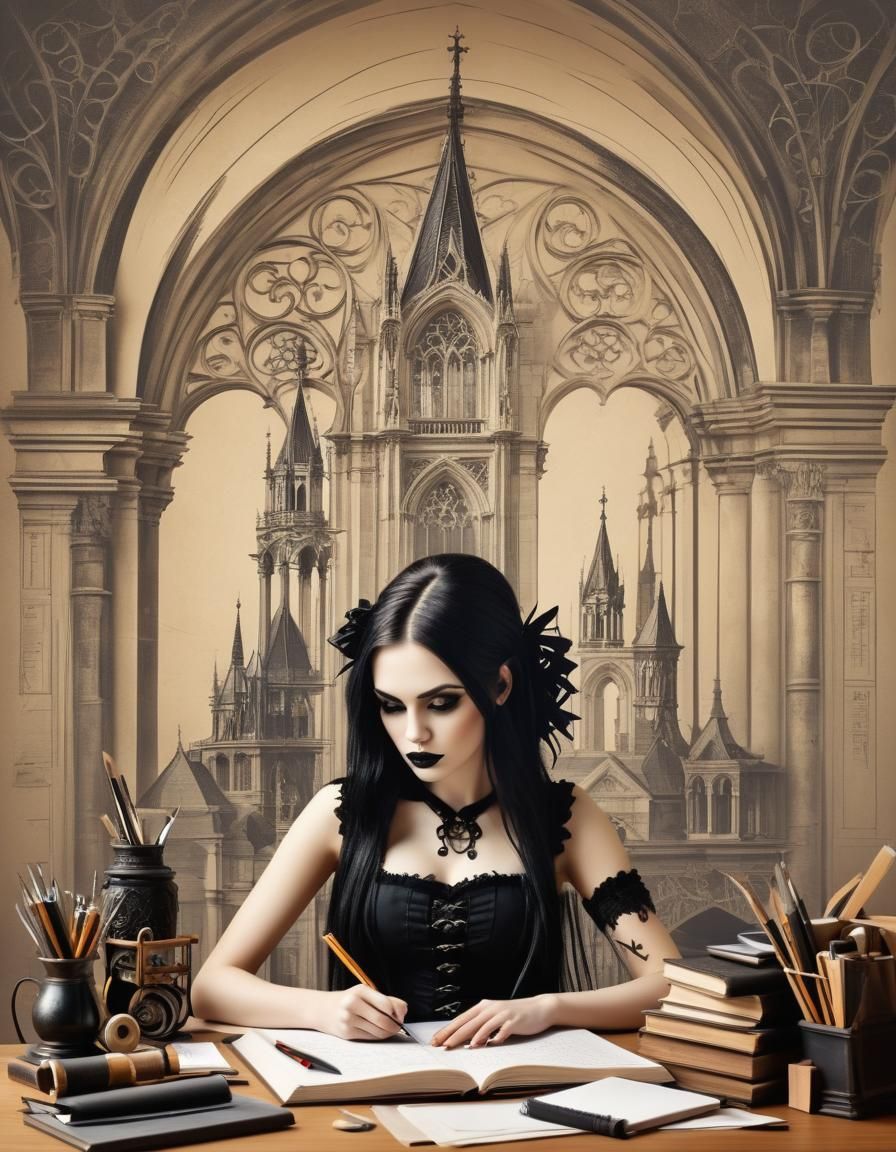 Most beautiful attractive Gothic student girl doing her homework, architecture subject and tools, perfect body, perfect ...