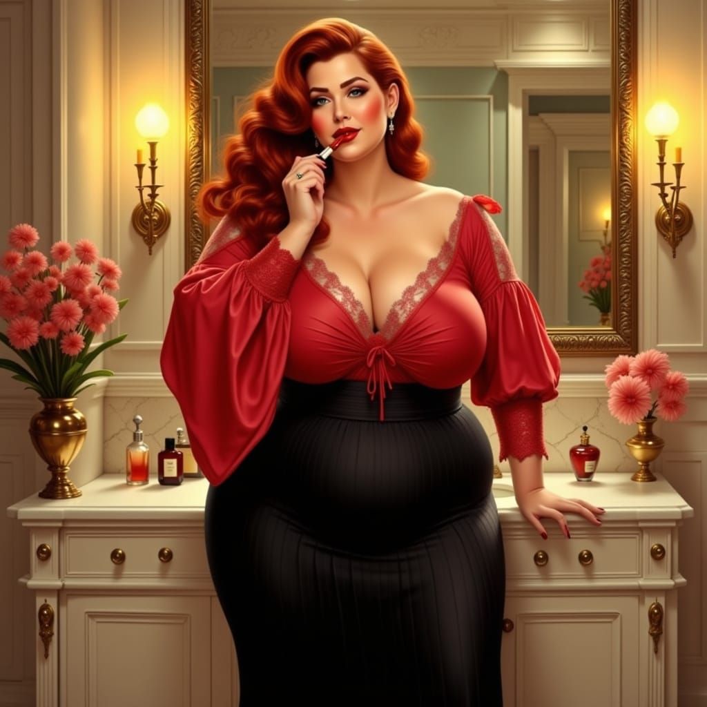 Glamorous Woman in Luxurious Bathroom, Art Nouveau Style