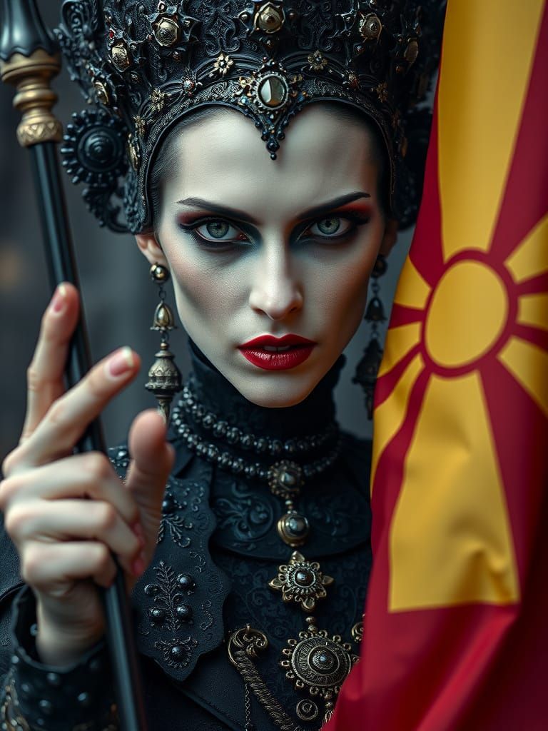 Menacing Vampire Queen Waving Macedonian Flag