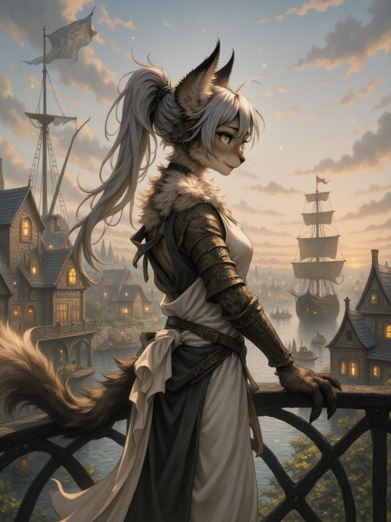 Catgirl Overlooking Fantasy Harbor City in Ink Painting Styl...