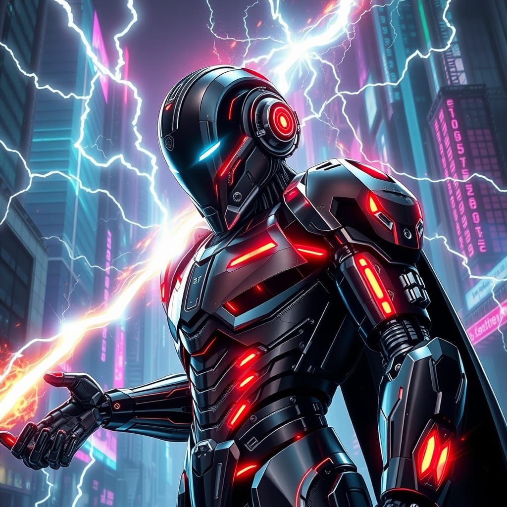 Cyberpunk Robot Villain Wielding Quantum Powers