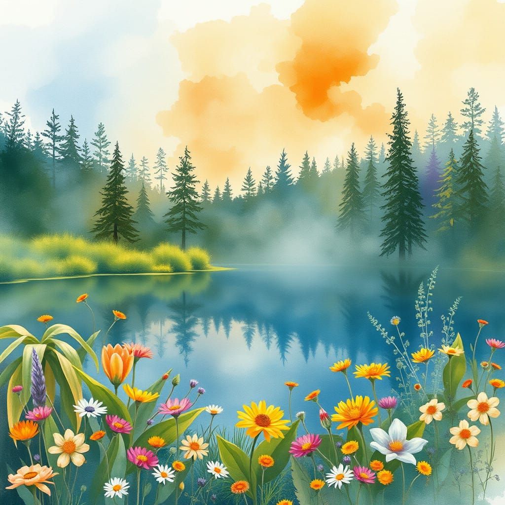 Ethereal Watercolor Landscape with Wildflowers